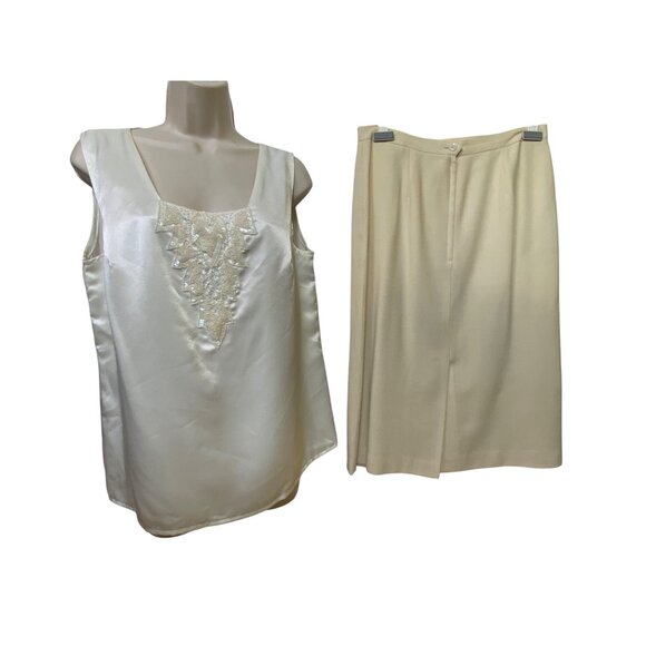 Vintage Nolan Miller 3-Piece Cream Skirt Suit Set Beaded Jacket Size 14 Eighties - Picture 2 of 10